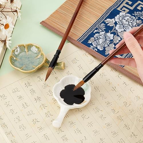 Miniatura 14 de PH PandaHall Plato de tinta para plantas, placa de tinta de porcelana con mango para caligrafía china, soporte para pincel, forma de flor, plato