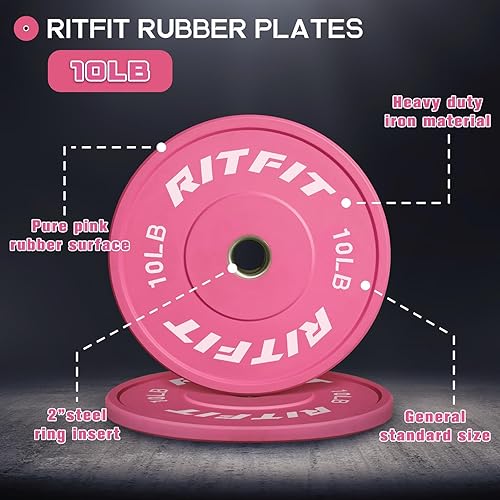 Miniatura 4 de RITFIT Placas de peso rosa, placa de pesas olímpica de 2 pulgadas, placas de parachoques con inserto de acero, pesas rosas para gimnasio y hogar