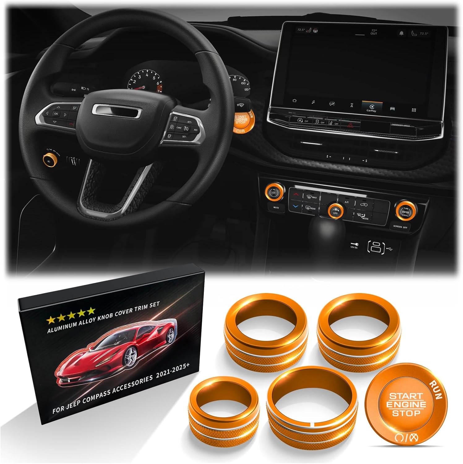 Polodunn for Jeep Compass Accessories 2022 2023 2024 2025 2026, Interior Upgrade Aluminum Alloy Knob Cover Kit (Orange, 6-Piece/Set) - A/C, Volume Dial, Headlight Switch & Push Start Button