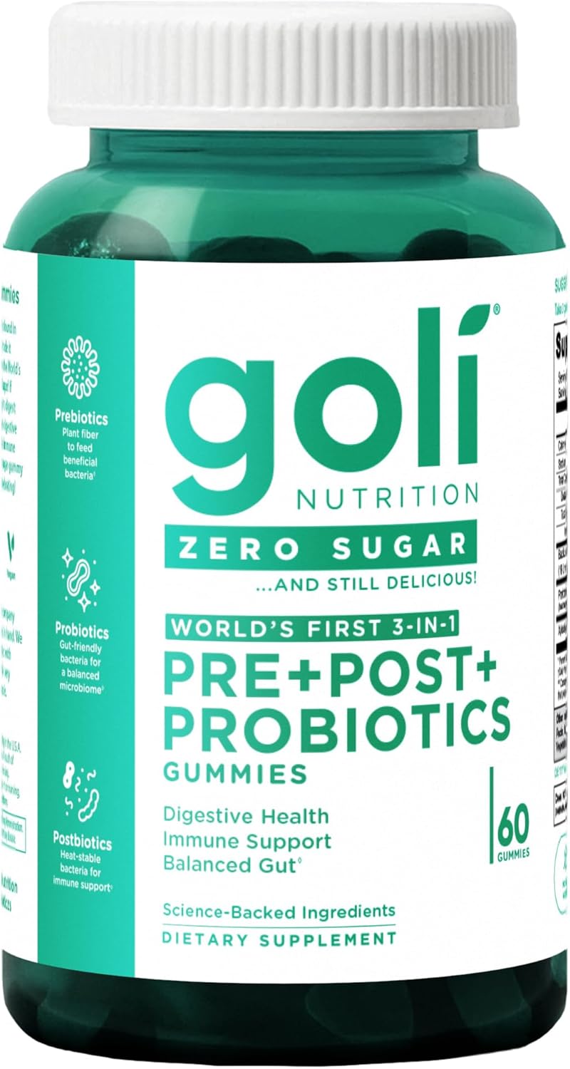 Goli Zero Sugar Pre, Post, Probiotic Gummies. World’s First 3-in-1 Gluten-Free, Vegan, Non-GMO, and Gelatin-Free. (1) Goli Zero Sugar Pre, Post, Probiotic Gummies. World’s First 3-in-1 Gluten-Free, Vegan, Non-GMO, and Gelatin-Free. (1)