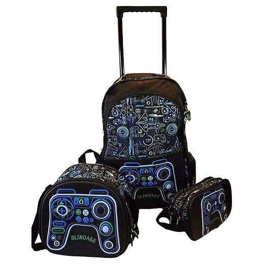 BLINDAGE Kit Escolar com Mochila de Rodinha, Lancheira e Estojo, Tema Gamer, Preto com Azul e Verde
