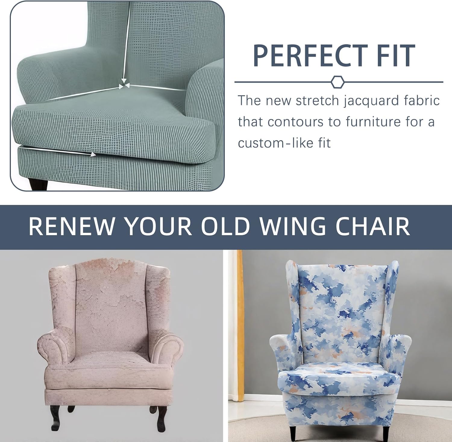 Printed Wingback Chair Slipcover Modern Stretch Armchair Cover Farmhouse All-Season Furniture Protector for Living Room Bedroom Blue Watercolor
