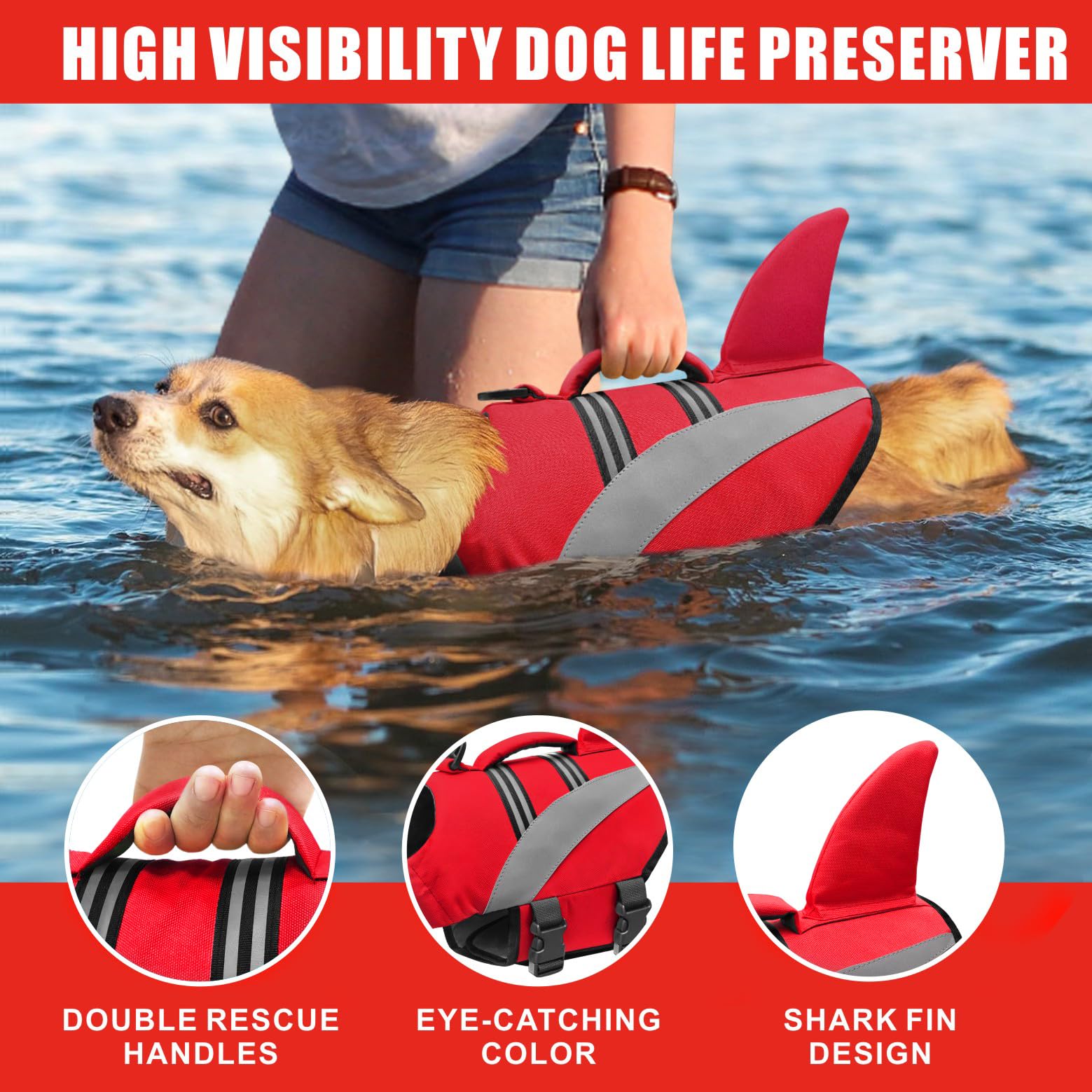 Oslueidy Giubbotto di Salvataggio del Cane Alta Flotation Shark Dog Salvagente Galleggia Cappotto Riflettente Pet Gilet di sicurezza Costumi da bagno Dog Life Vest (Rosso, L)
