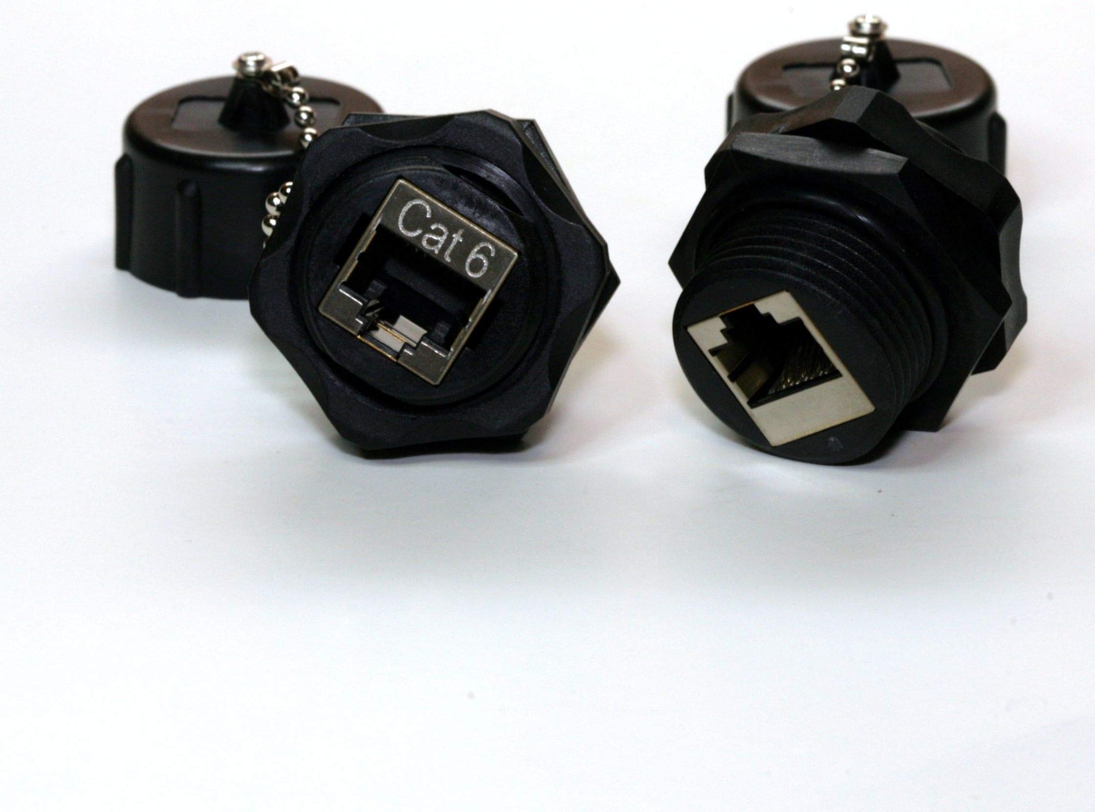 PCCables.com CAT 6 RJ45 Shielded Industrial Panel Mount Bulkhead Female/Female Feed Thru Coupler - IP67 Waterproof/Dust Cap - Professional Series Network Connectors - Black