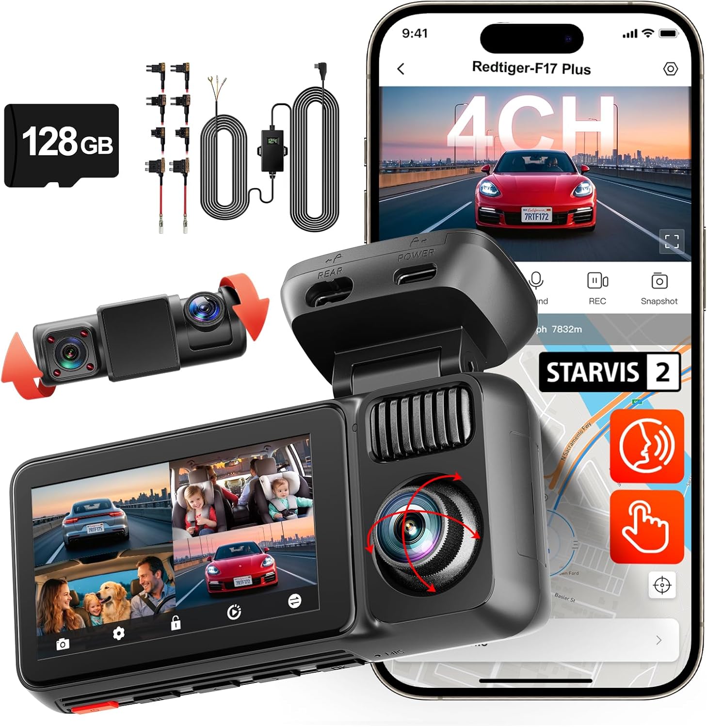 REDTIGER F17 Plus & ACC Hardwi, 4 Channel Dash Cam 2.7K+1080P*3, STARVIS 2, 128GB Card Included, 360° Front Inside and Rear Cabin Car Camera, IR Night Vision, 5GHz WiFi GPS, Voice Control, Touchscreen