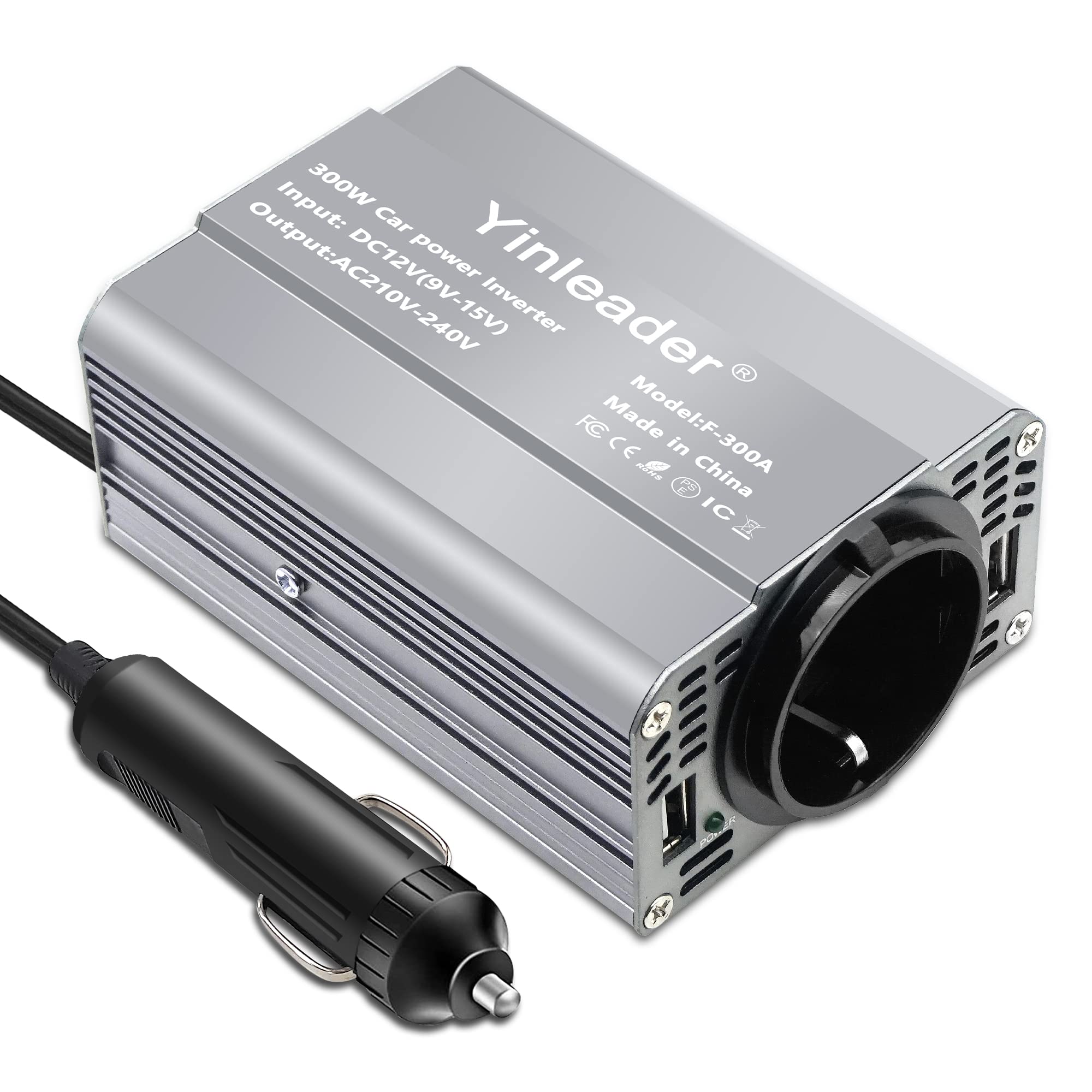 Yinleader Inverter da 12V a 230V 300W 1 presa UE 2 USB Convertitore di tensione per auto