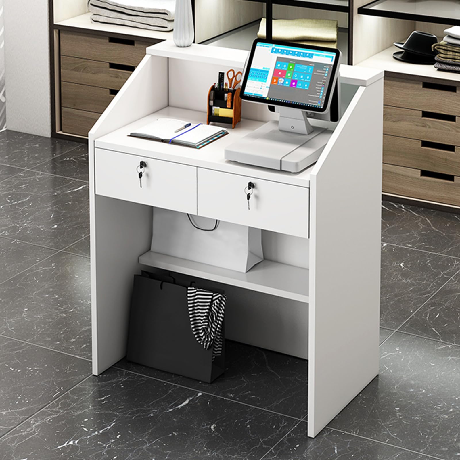 Mostrador de recepción, mostrador Frontal con cajón con Cerradura y luz, mostrador minorista para Caja, Escritorio de Madera para computadora para Oficina, vestíbulo, Tienda de Ropa, salón