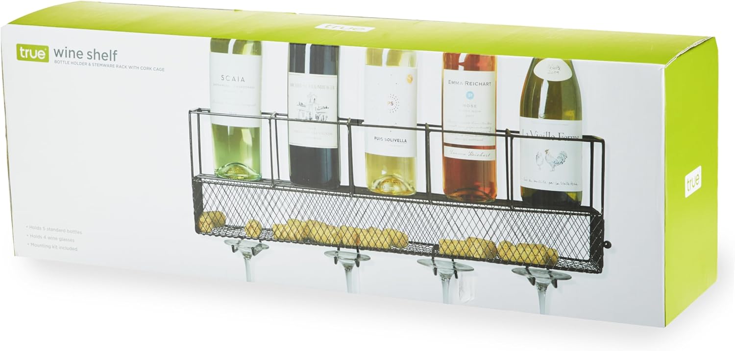 Black Wall Mounted Wire Wine Shelf with Cork Cage
