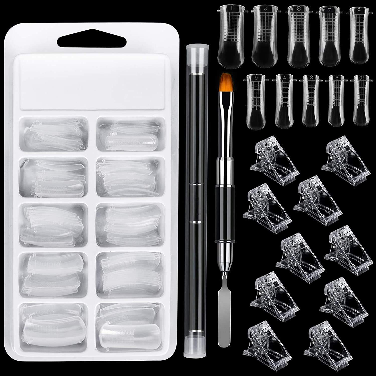 MAKINGTEC Poly Gel Quick Building Nail Set,100Pcs False Nail Mold Clear Nail Extension Form Tips,10 Nail Tips Clip And 1Pcs Dual Ended Poly Extension Brush Picker For Poly gel Extension,Home Salon