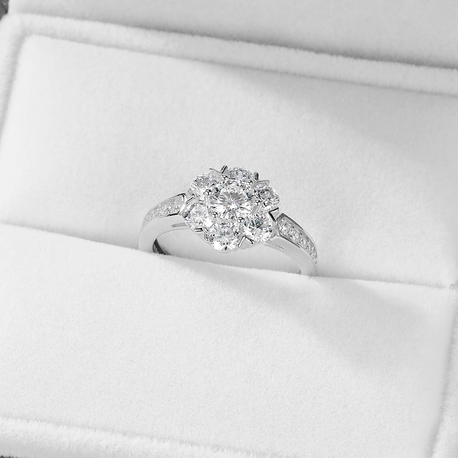 VOLUKA 925 Sterling Silver Cubic Zirconia Big Flower Rings for Women Simulated Dimond Eternity Band Rings 18K White Gold Plated S925 Promise Wedding Statement Engagement Rings Size 9 Gift for Her - Image 4