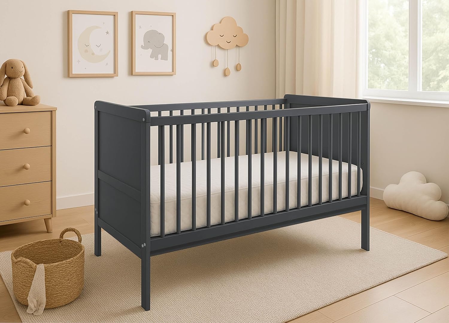 Lit bébé évolutif Nelly 120x60 cm en Bois de hêtre – Transformable en lit Junior – Sommier réglable – 3 barreaux Amovibles – en 716 (Gris) - 3