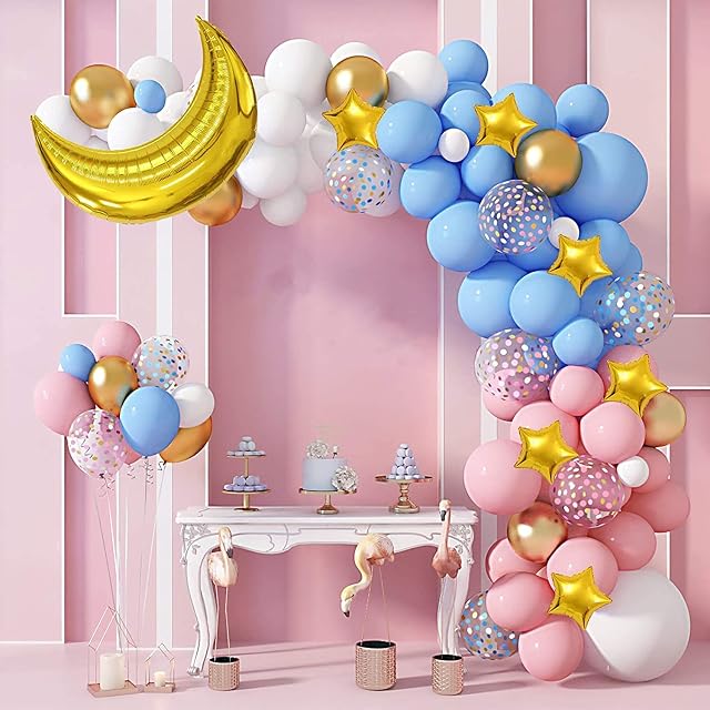 126 Pcs Pink Blue Balloon Garland Arch Kit, Gold Foil Moon and Stars Confetti Latex Metallic Balloons for Boy Girl Gender Reveal Baby Shower Birthday Wedding Party Decorations Supplies