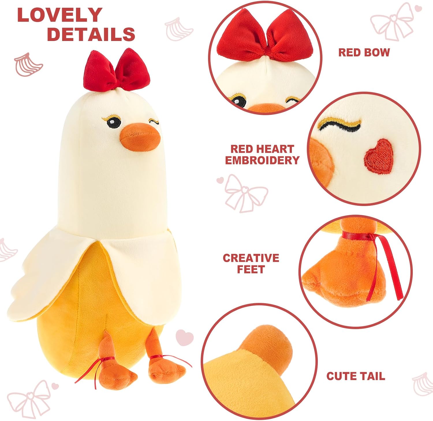 PEACH CAT Bow Banana Duck Plush Toy 12" Romantic plushies Hugging Plush Pillow Sweet Duck Stuffed Animal Gifts for Girlfriend Kids Yellow