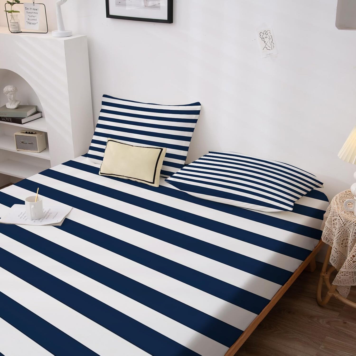 Generic Nautical Sheets Twin - Navy Blue and White Striped Bed Sheets & Bedroom Decor - Soft Breathable Microfiber Deep Pocket Patterned Bedding Sheets & Pillowcases J-&640