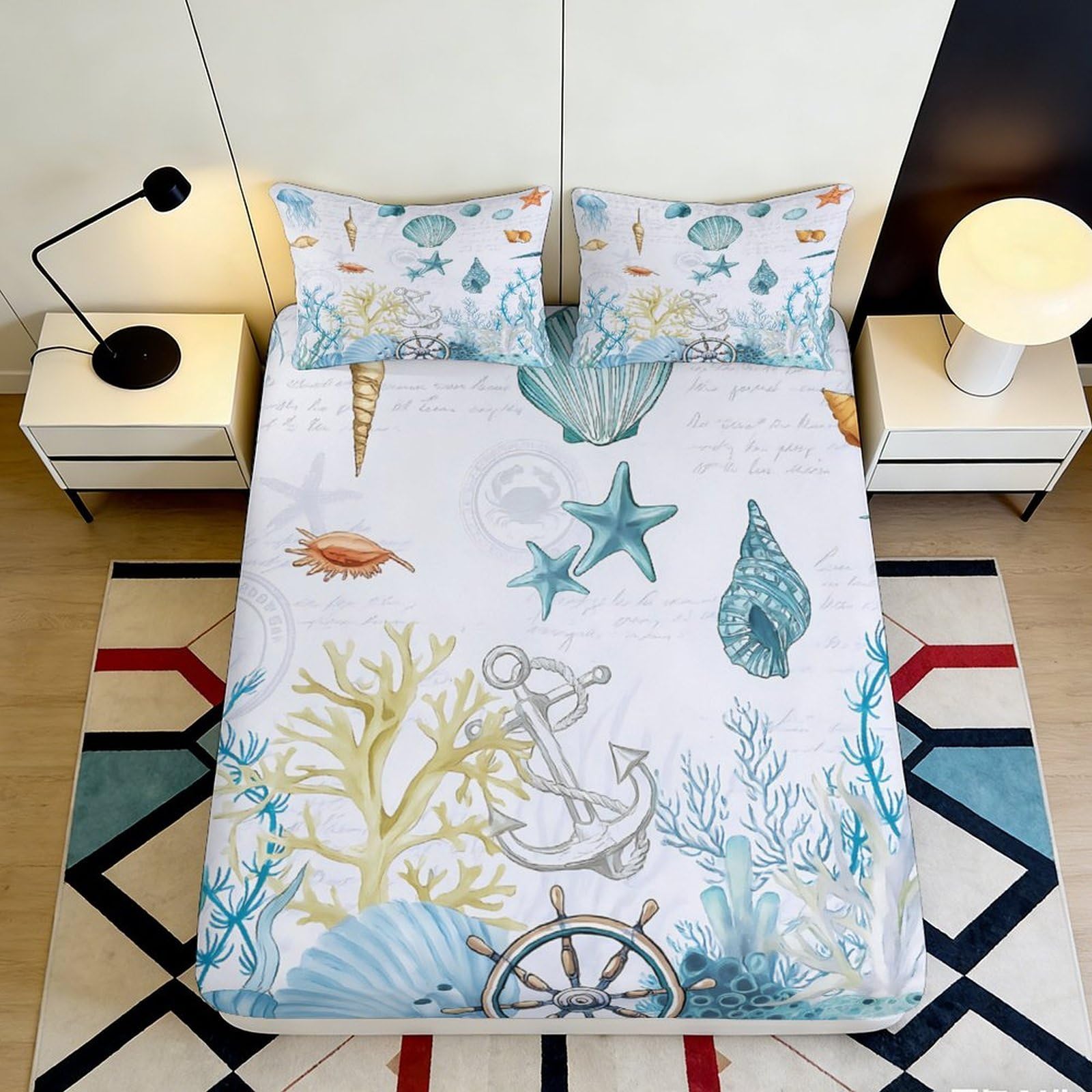 3D Printed Ocean Coral Fitted Sheet Microfiber Breathable Starfish Shell Mattress Cover for Bedroom Guest Room Decor 90x200x25cm