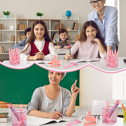 Miniatura 6 de Chuangdi 4 piezas de accesorios de escritorio de flamenco de metal, soporte para lápices de flamenco, tijeras de flamenco, grapadora de flamenco,