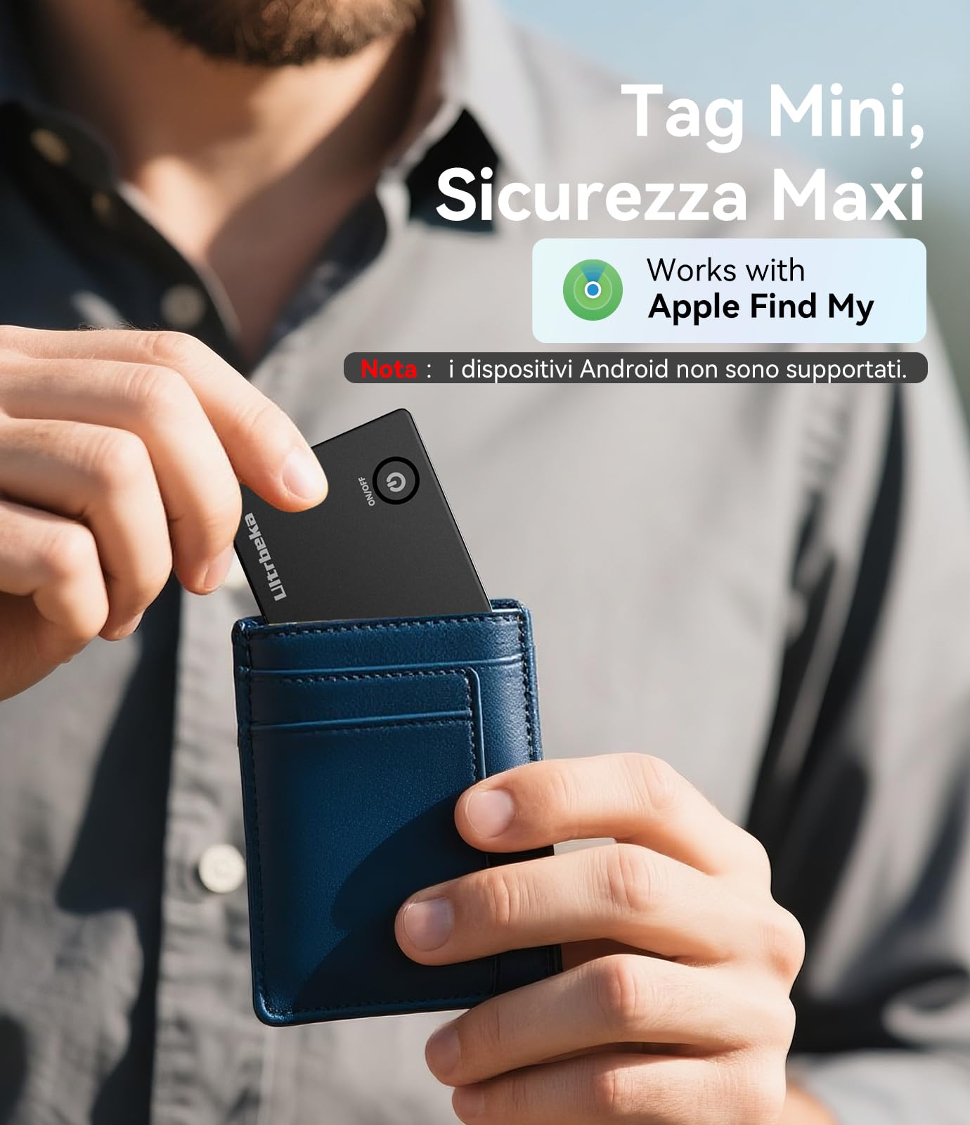 Ultra-sottile Wallet Tracker MFi certificato compatibile con Apple Find My | Per portafogli, chiavi e borse | Singolo, 1 pack