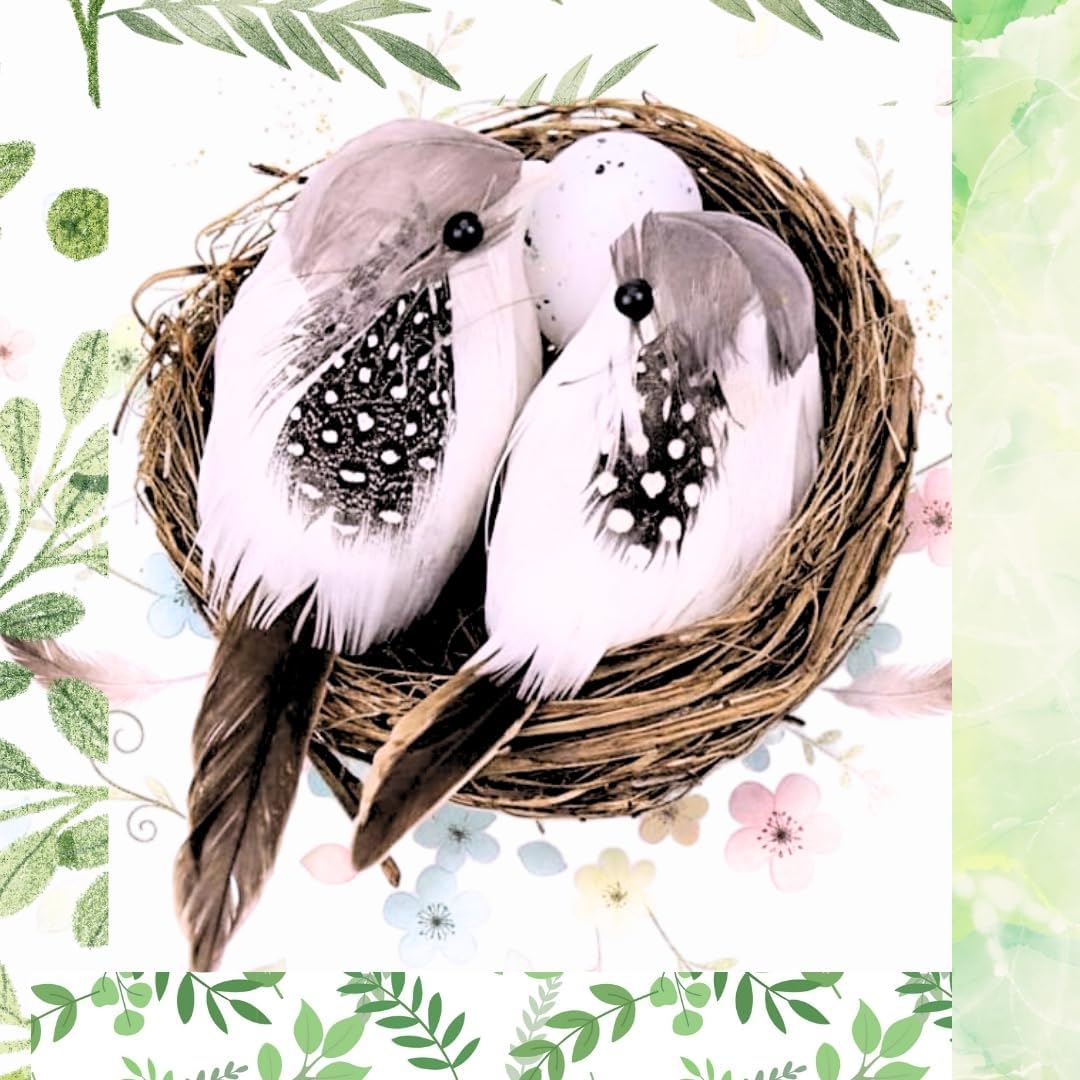 Artificial Foam Feathered Mini Birds with Hay Nest & Eggs Ornaments, DIY Craft for Home Garden Lawn Decoration Party Accessories (9 x 7 x 5 cm) Pack of 1