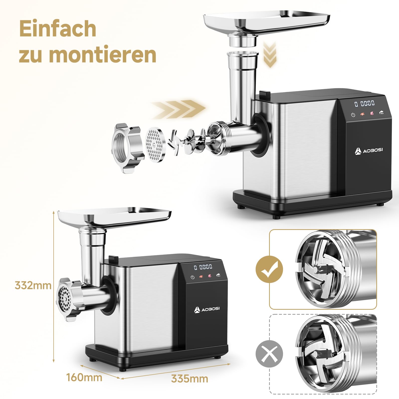 AAOBOSI Fleischwolf Elektrisch [3000W MAX] mit LED-Display,3 Geschwindigkeiten,Fleischwolf mit Anti-Verstopfungstechnik,Eingebauter Speicherbox,Wurstfüller & Kibbe-Herstellung für den Hausgebrauch