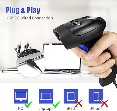 NetumScan USB 1D Barcode Scanner ، قارئ الباركود السلكي المحمول CCD يدعم شاشة المسح UPC Bar Code Reader for Warehouse، Library، Supermarket