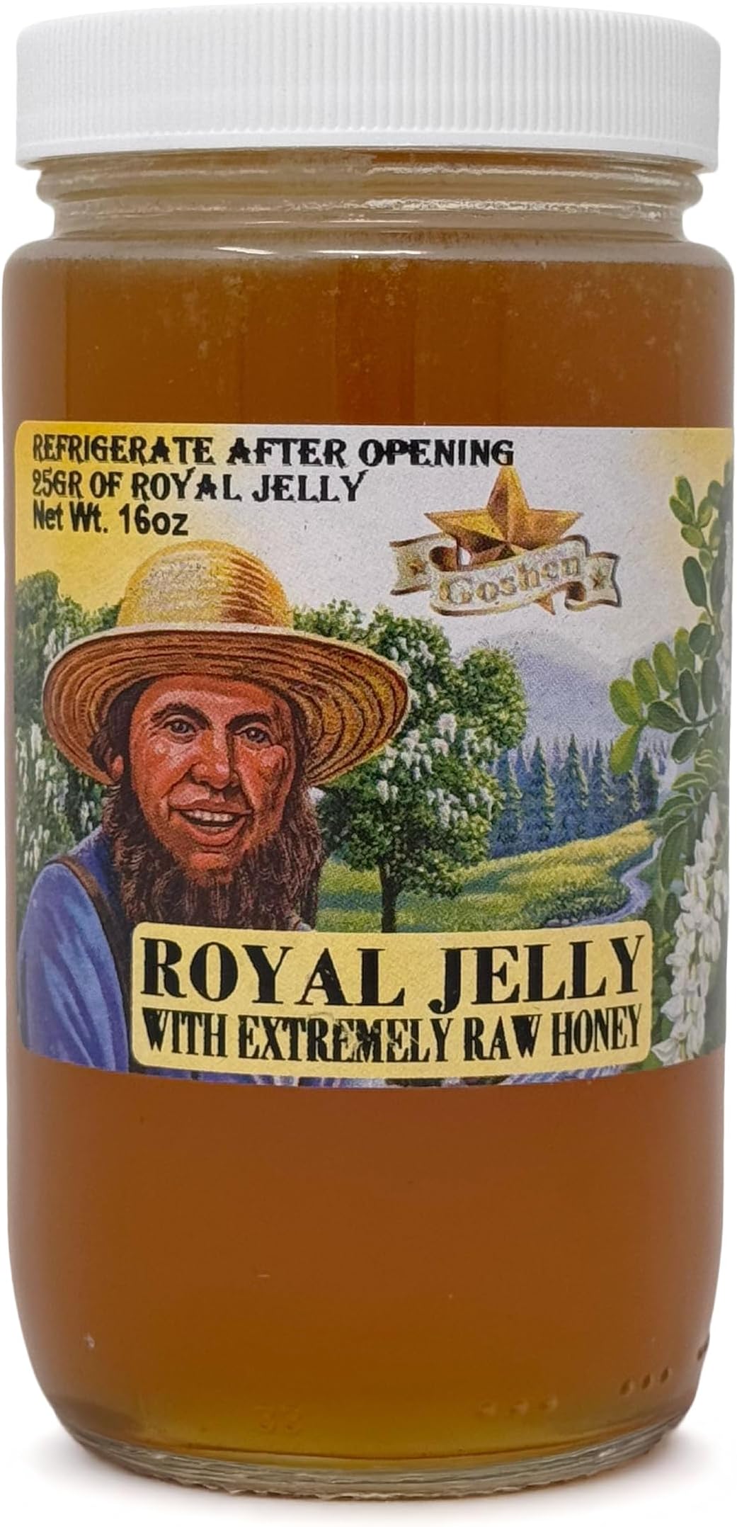 Goshen Honey Raw Royal Jelly Honey - With 25g of Royal Jelly - Unfiltered - Unprocessed - Pure & Natural Bee Essence from Amish Country, USA - For Natural Energy - Dairy & Gluten Free - 454g/16Oz