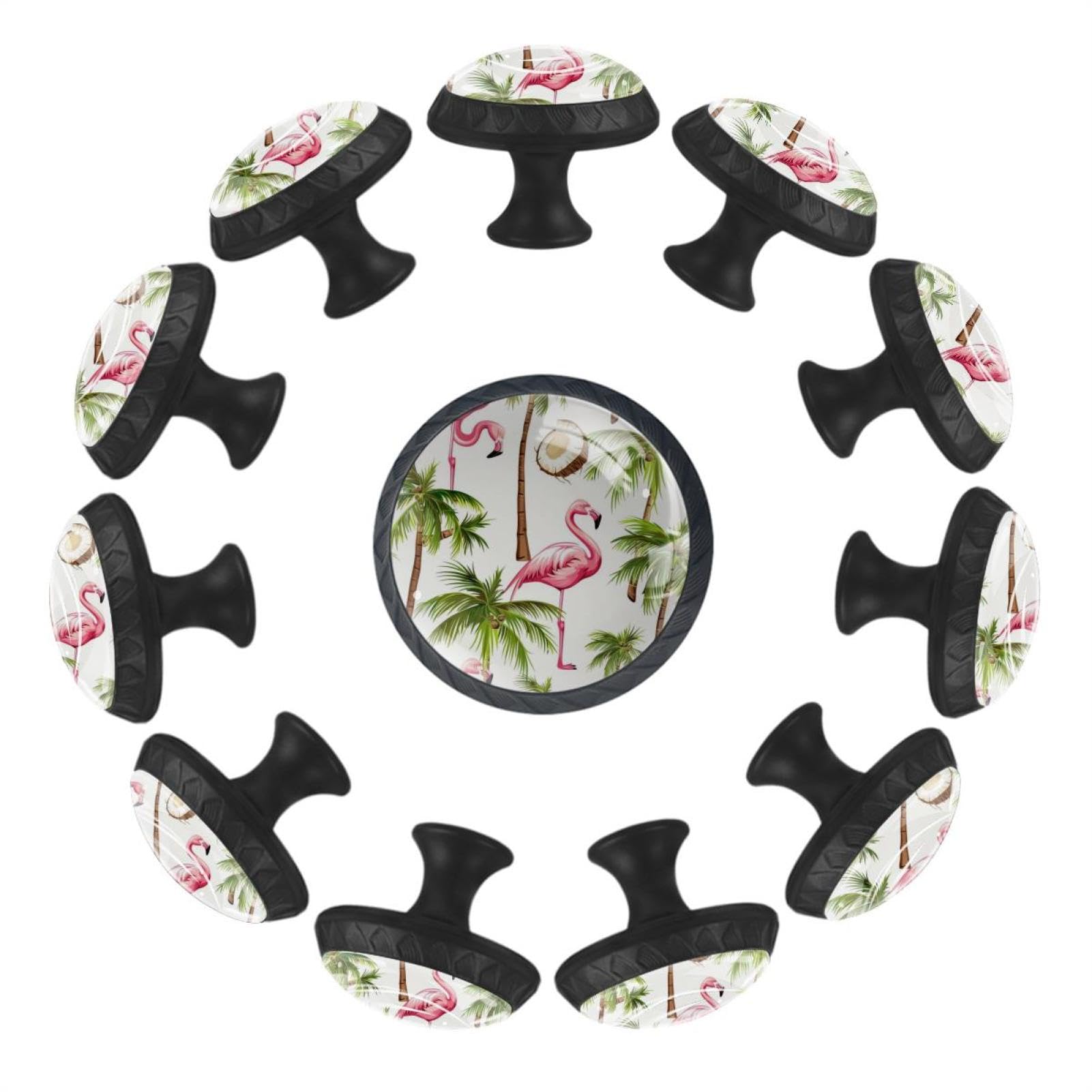 Boutons en verre flamants roses et cocotiers x12 pour meuble
