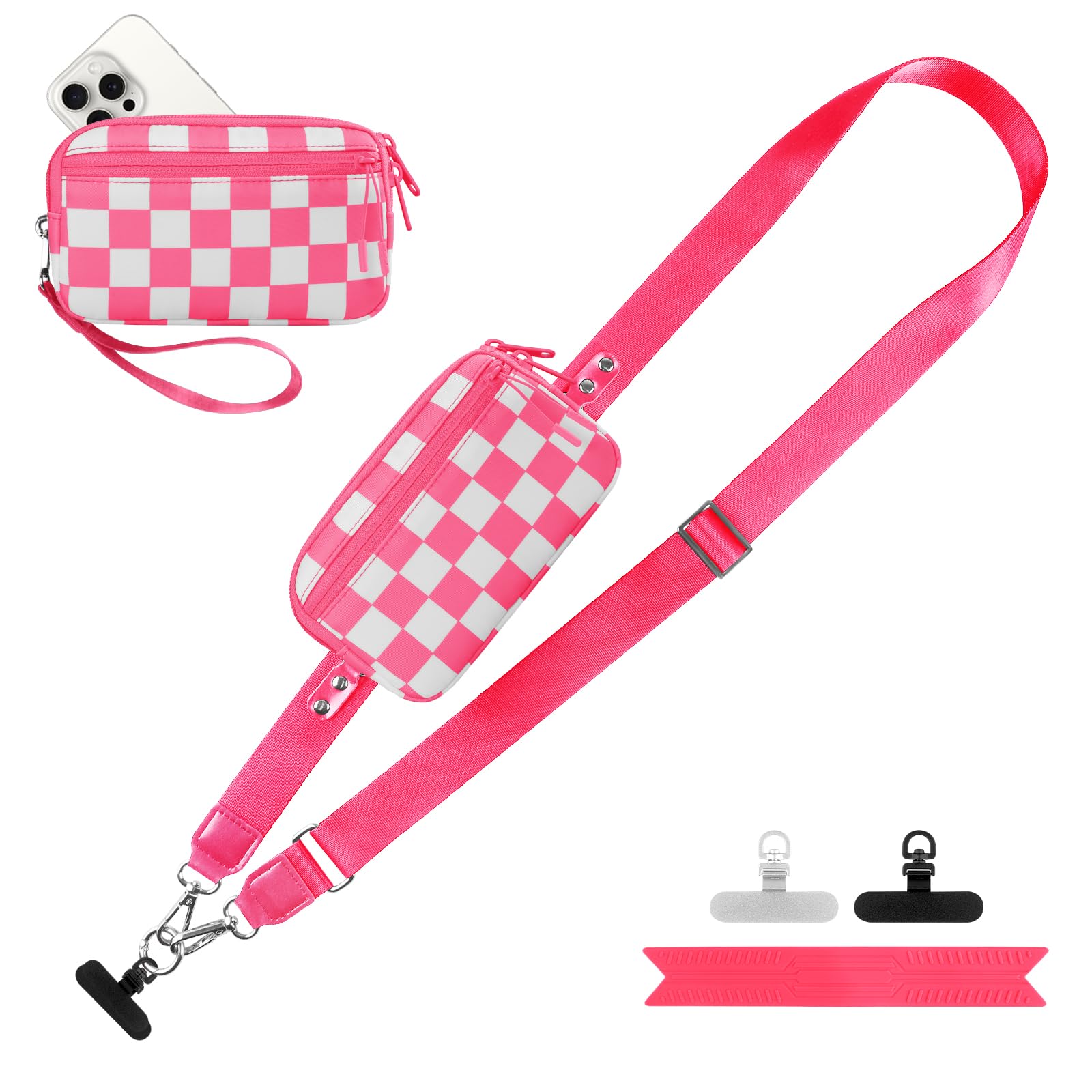 YFWE Clip and Go Strap for Phone with Wallet Crossbody, Adjustable Phone Lanyard with Detachable RFID Wristlet Wallet, Phone Strap with Phone Tabs for All Phones, Pink Checkered (L)