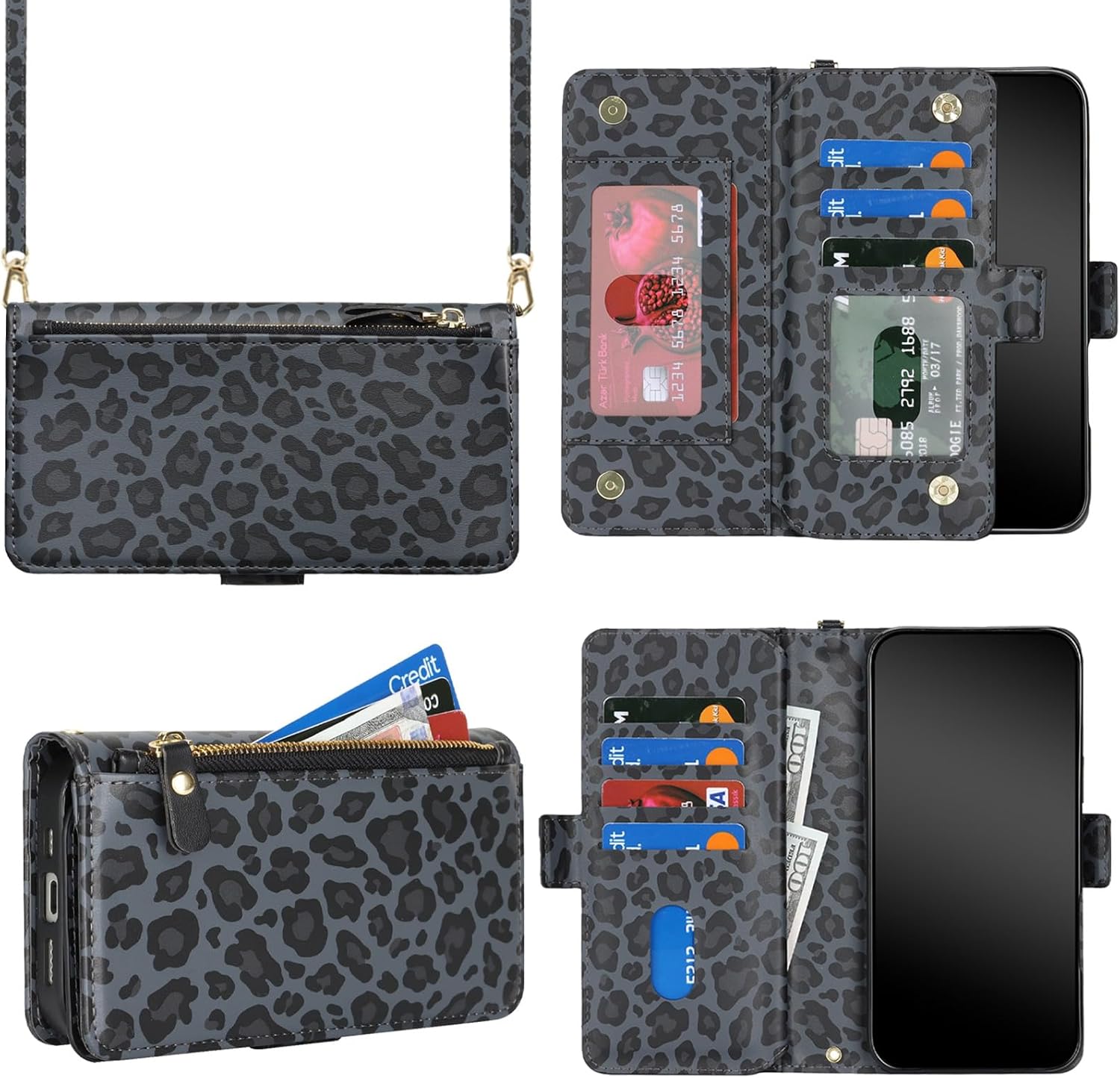 Jaorty for iPhone 17 Phone Case Wallet with Crossbody Strap, Shoulder Necklace Lanyard,flip Cover PU Leather, for Women Men, Zipper Pocket, Kickstand, Card Holder, 6.3" Black Leopard