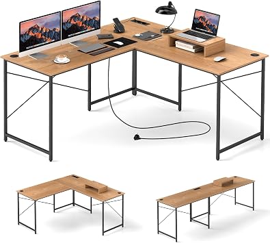 COSTWAY L-Shaped Computer Desk, 240cm Reversible Double Study Writing Workstation for 2 Person, Large Long Corner Home Office Desk Wooden PC Laptop Gaming Table with Monitor Stand Natural