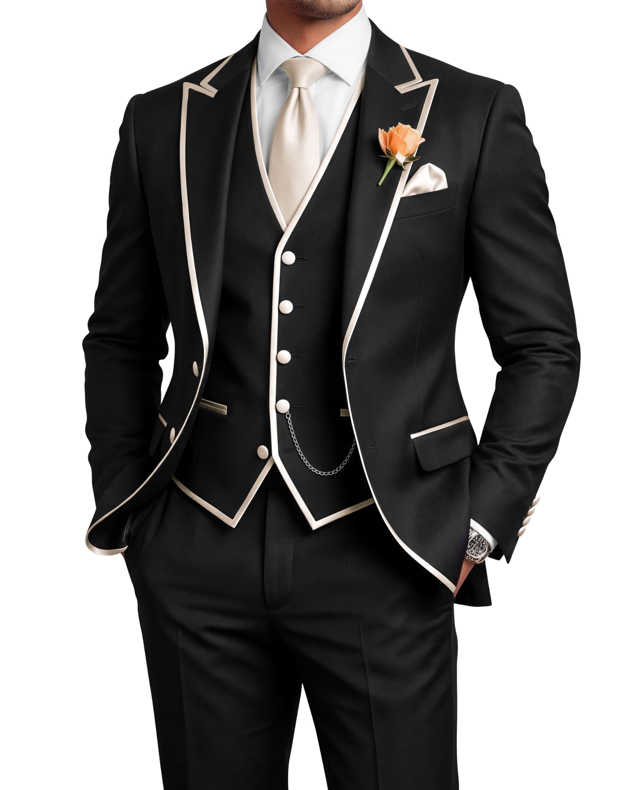 Men's 3 Piece Tuxedo for Men Slim Fit Black Wedding Suits for Groom Groomsman Prom Graduation Jacket Vest Pants