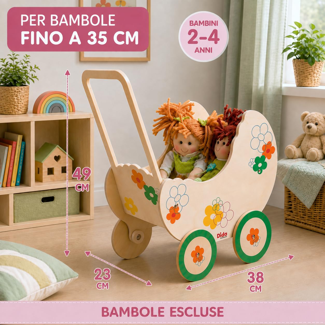 Dida - Landau pour Poupées Fleur: Poussette en Bois pour Petites Poupées jusqu'à 35 cm, Parfait pour Jeux de Rôle des Enfants de 2 à 4 Ans, Idéal pour Petites Mamans et Papas
