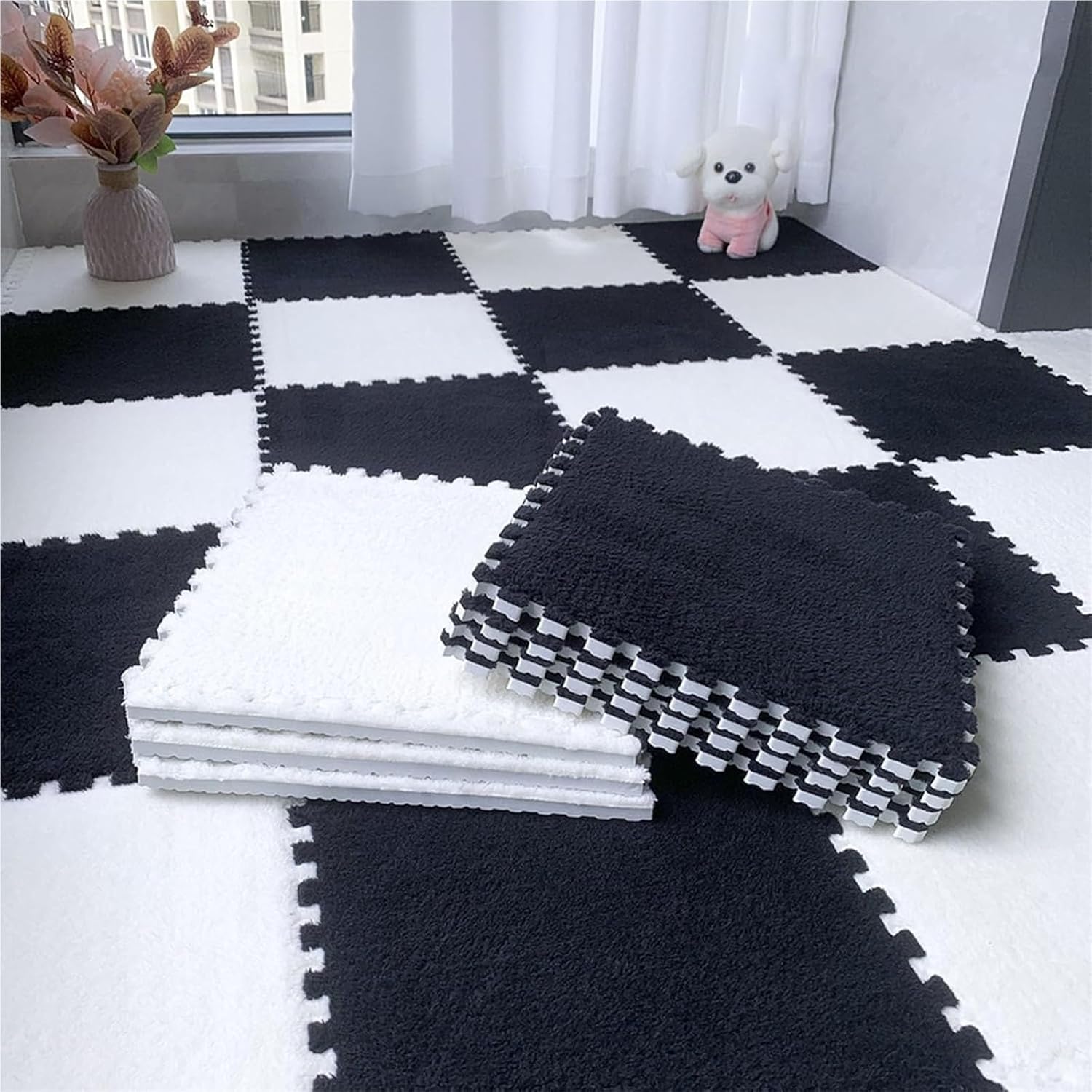 12x12x0.4in Thicken Square Foam Mat,Plush Interlocking Carpet Tiles,Washable Fluffy Area Rugs for Bedroom Playroom(Black+Beige,16pcs)