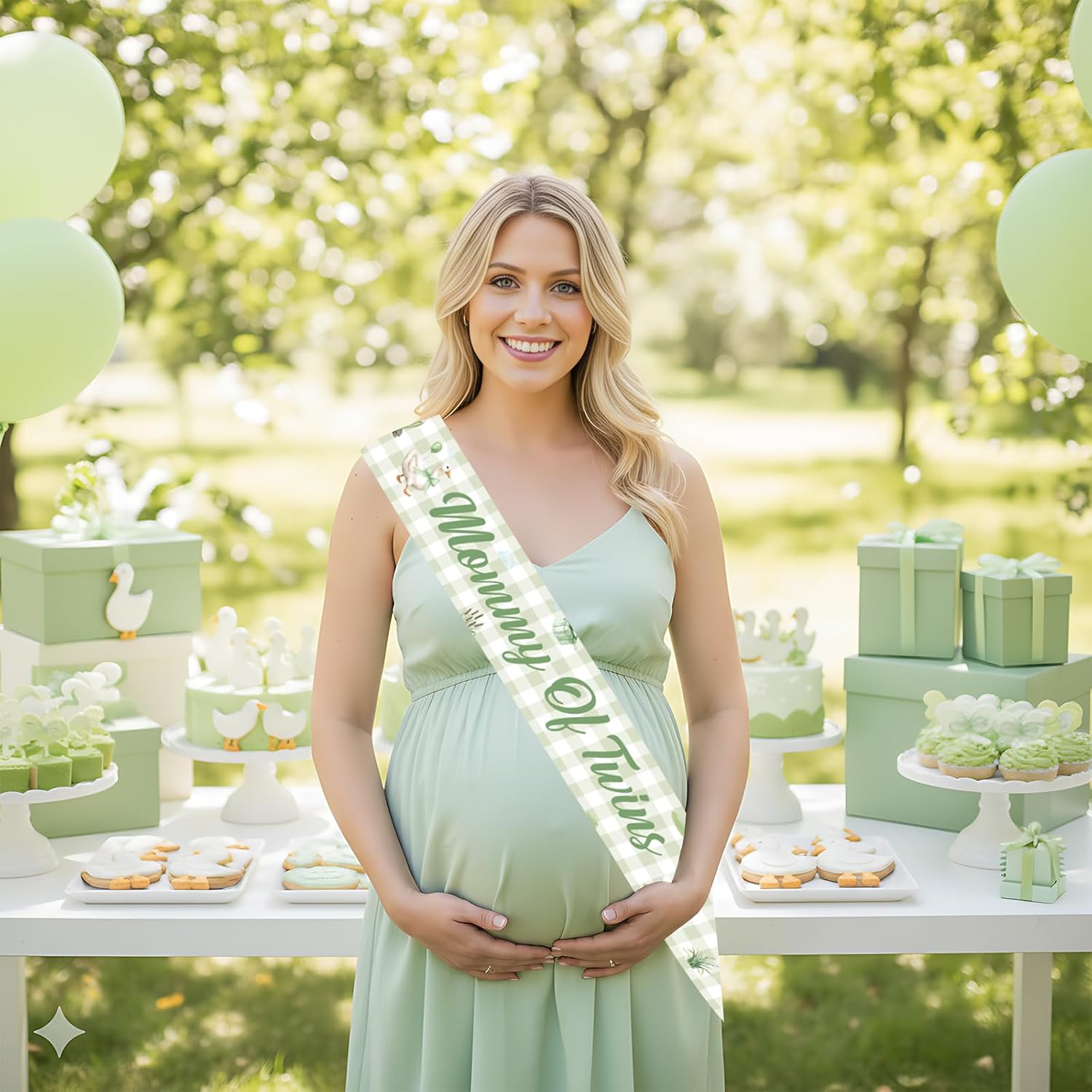 Silly Goose Twins Baby Shower Decorations Sash Green Gingham Goose Mommy of Twins Sash Gifts for Mom-to-Be Silly Goose Baby Shower Gender Reveal Pregnancy Announcement Party Supplies Favors