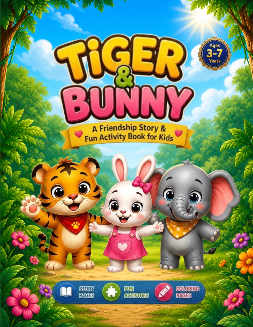 Tiger & Bunny: A Friendship Story and Fun Activity Book for Kids: A Heartwarming Story About Kindness, Sharing, and Friendship with Fun Activities & Coloring Pages (Ages 3–7)