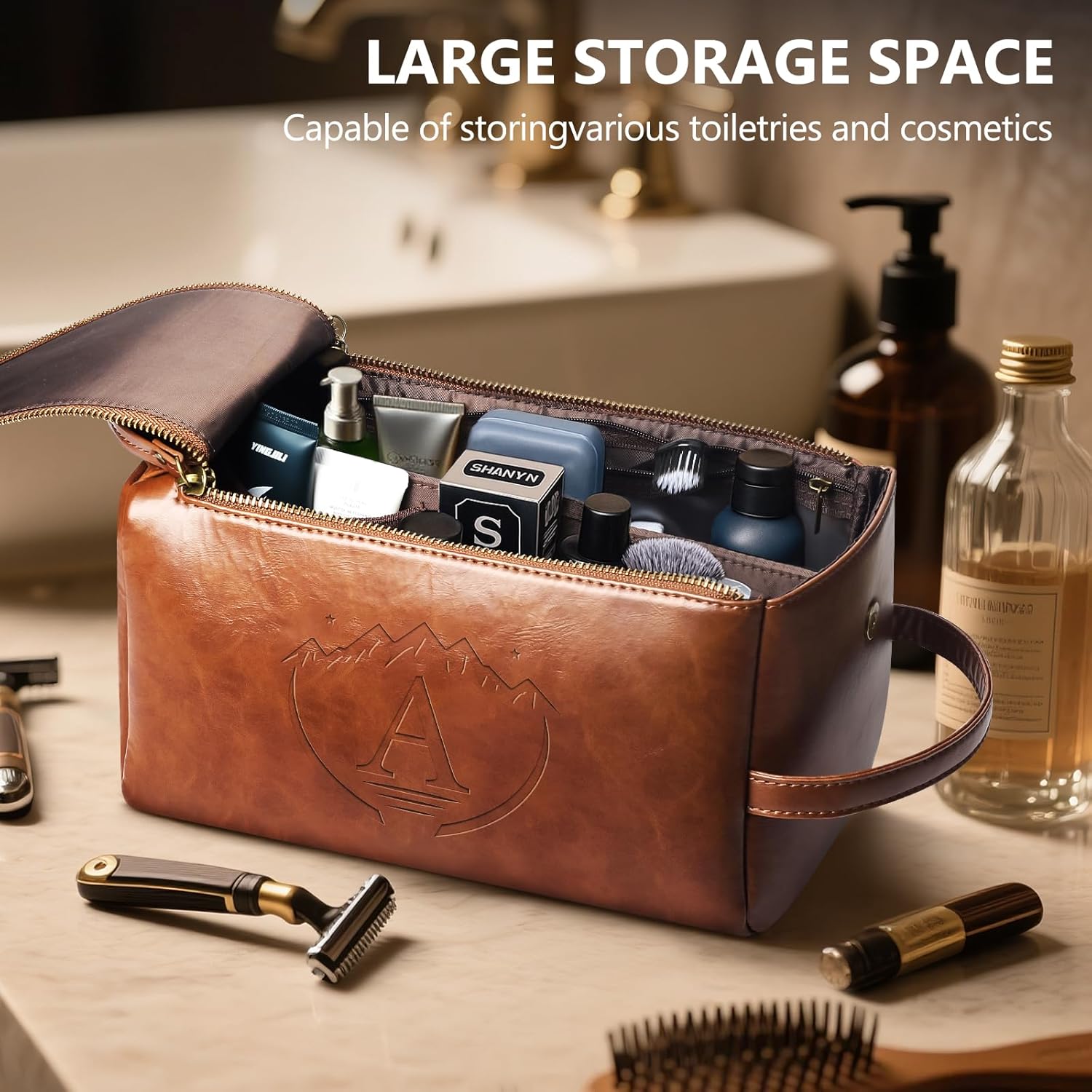 Personalized Toiletry Bag for Men,Initial Mens Toiletry Bags for Traveling,Men Travel Toiletries Bag,PU Leather Shaving Bag for Toiletries Accessories kit,Brown A - Image 2