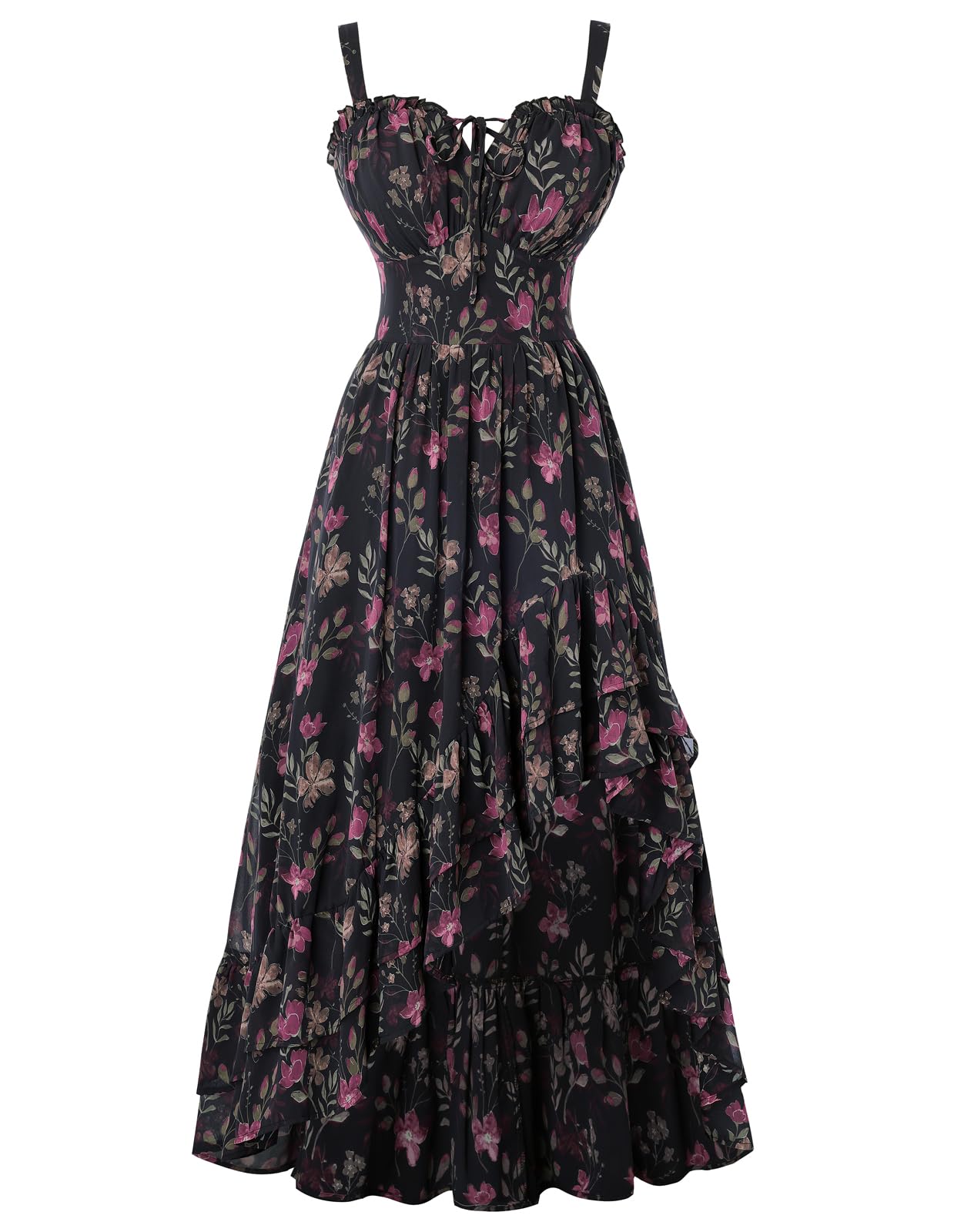Scarlet Darkness Damen Viktorianisches Blumenkleid Spaghettiträger Sommerkleid High-Low Rüschensaum Lang Kleider Schwarz Rosa Blume L