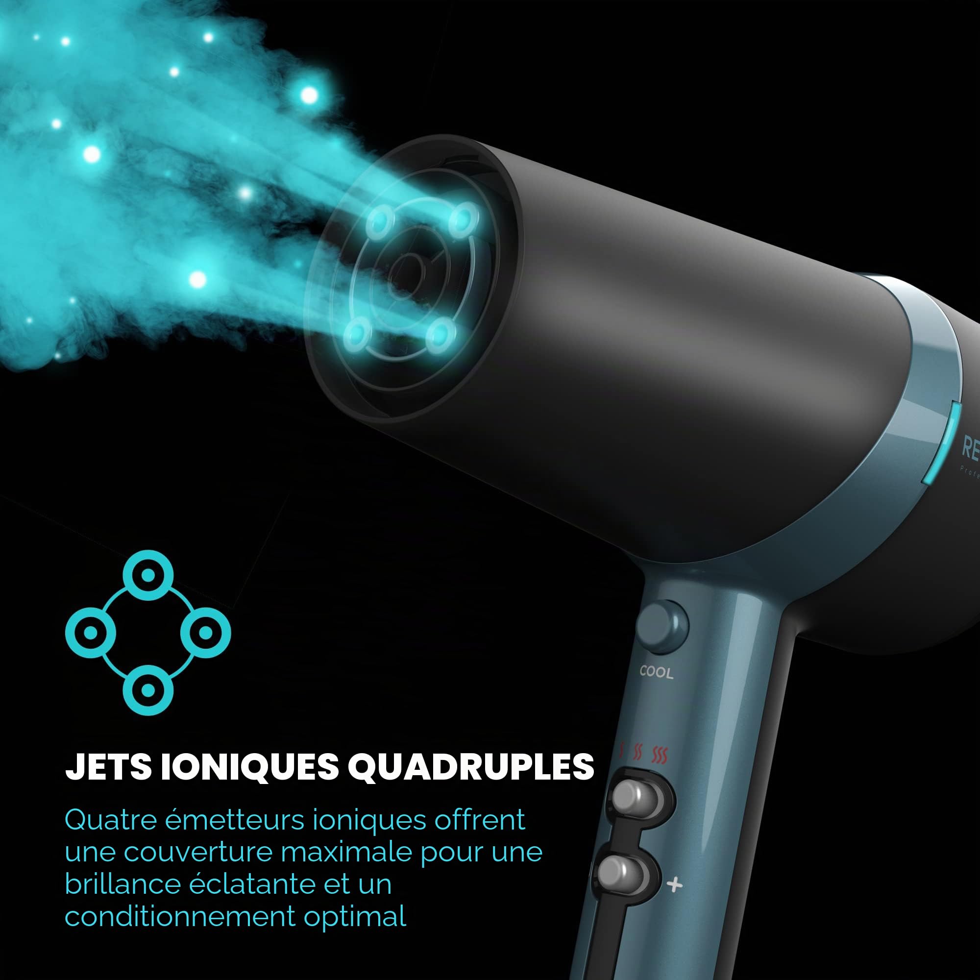 REVAMP Progloss 3800 Sèche-Cheveux Quadri-Ionique| Léger avec Embout Concentrateur et Volumateur | Pour lisser ou boucler |Infusé D’Huiles pour Des Cheveux Brillants et Soyeux | Noir/Bleu