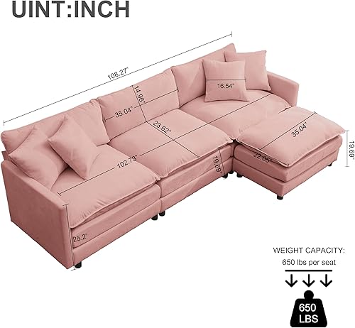 Miniatura 20 de Sofá modular modular de pana de 108.27 pulgadas para sala de estar con 3 asientos, 1 otomana y 3 almohadas, cómodos sofás de nube con otomana móvil,