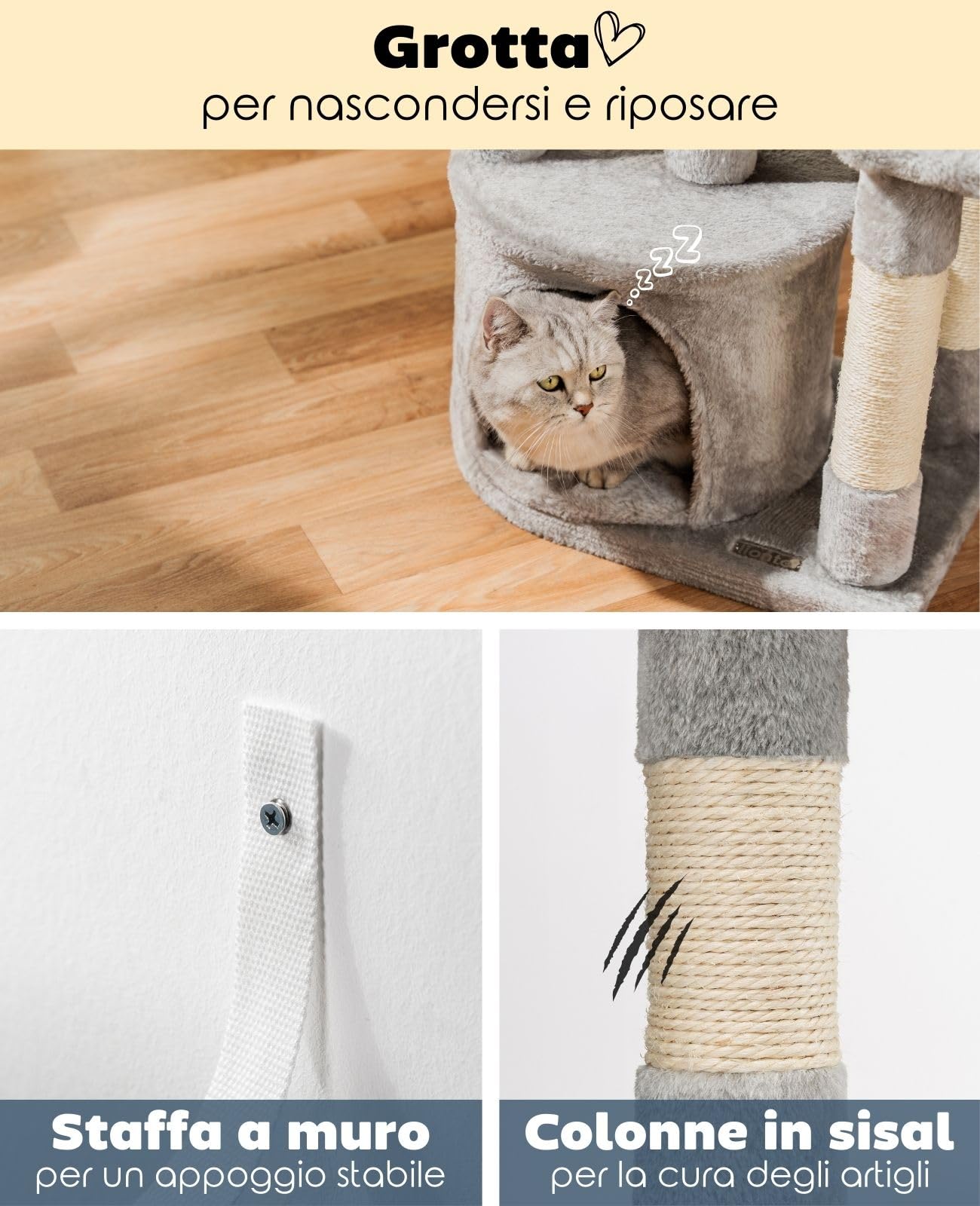 lionto Albero da grattare per gatti Albero da arrampicare con palline e sisal Altezza 115 cm, grigio chiaro