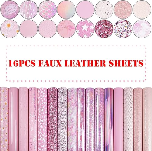 Miniatura 3 de 16 piezas de 8 x 6 pulgadas, serie rosa y rosa bebé, hojas de tela de piel sintética, incluyen Litchi metálico, purpurina fina y gruesa,