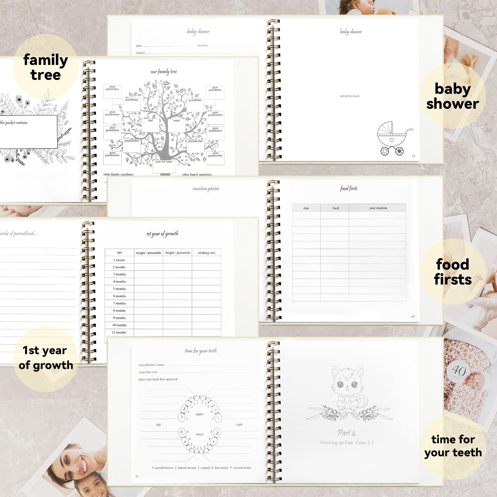 Timeless First 5 Years Keepsake Baby Memory Book para niño o niña, cubierta de lino de lujo, páginas libres de ácidos, diario neutro para bebé, libro de hitos o álbum de recortes, graba tu historia