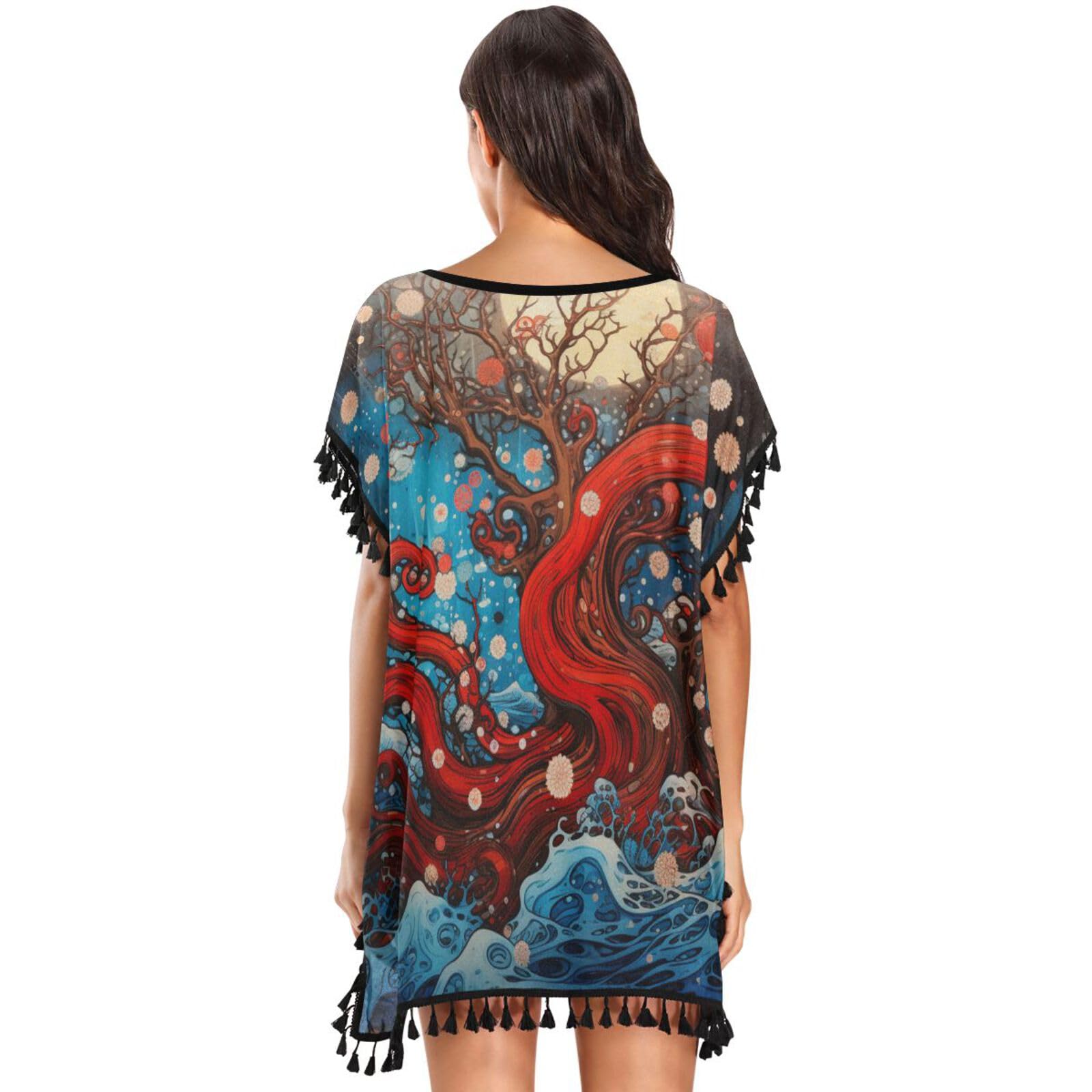 KAAVIYO Octopus Tree Abstract Moon Women's Beach Cover Up Chiffon Tassel Swimwear Swimsuit Coverups for Girl