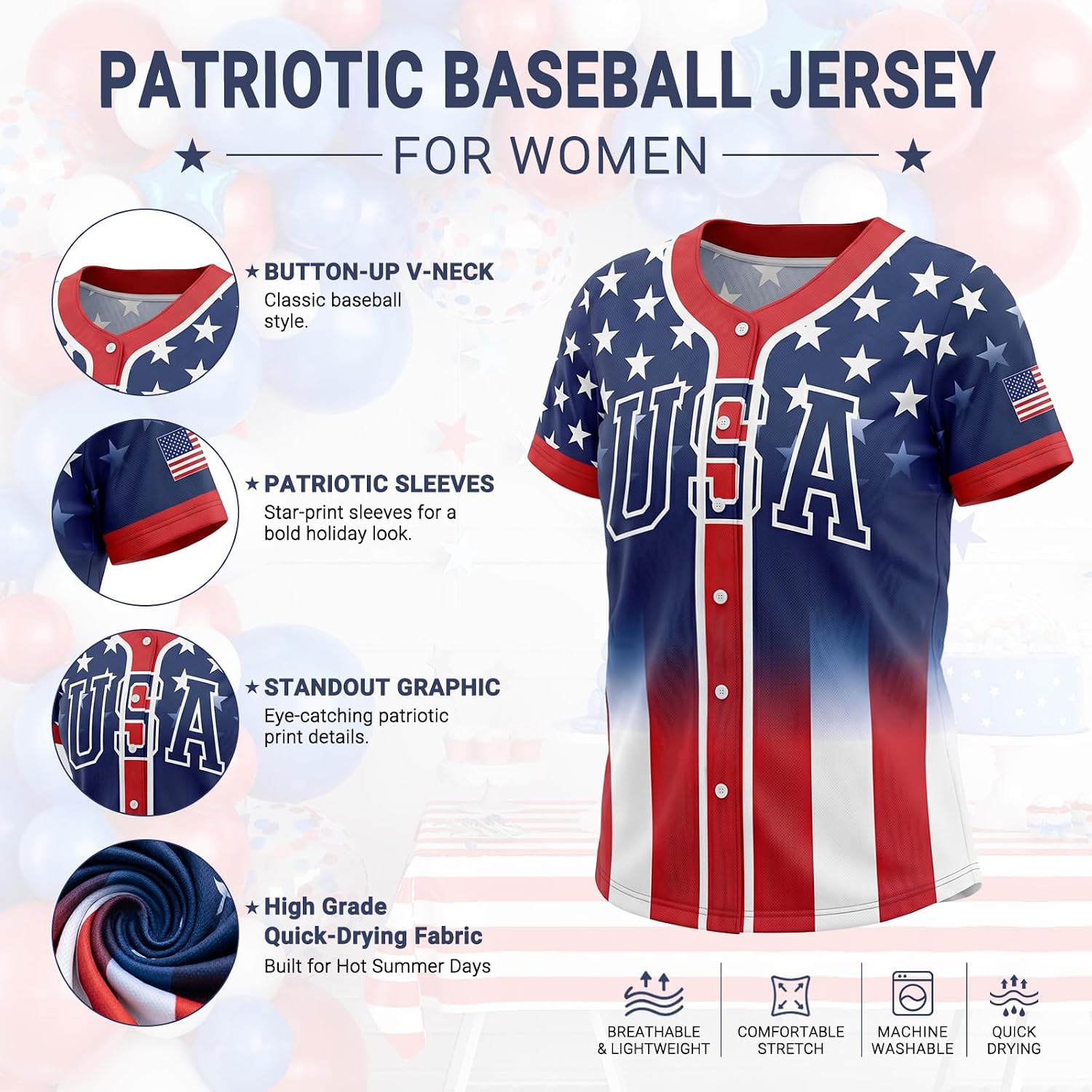 4th of July Shirt for Women Patriotic Baseball Jersey USA Flag Top