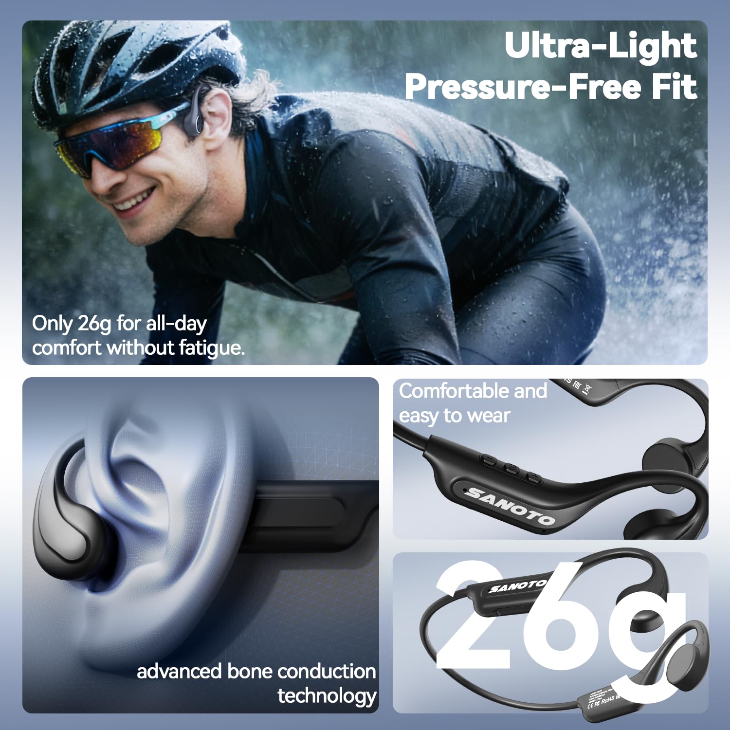 SANOTO Casque à conduction osseuse Bluetooth à oreilles ouvertes avec micro, commutation de mode EQ, écouteurs légers à conduction osseuse, écouteurs étanches IP65 pour le sport, écouteurs sans fil