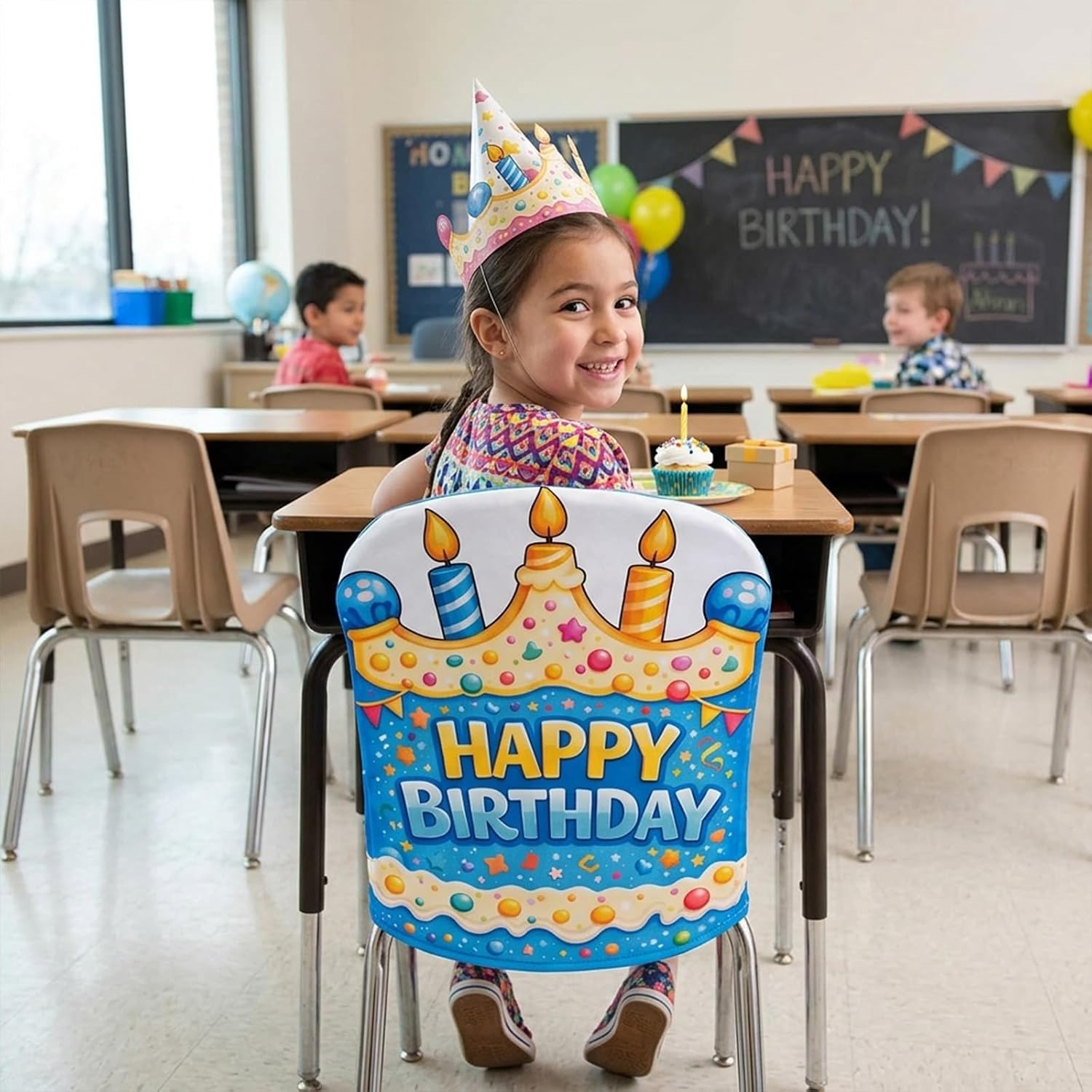 EUOYUFO 2Pcs Birthday Chair Covers, Happy Birthday Crown Design Dining Chair Slipcovers for Home, Party Event Decoration