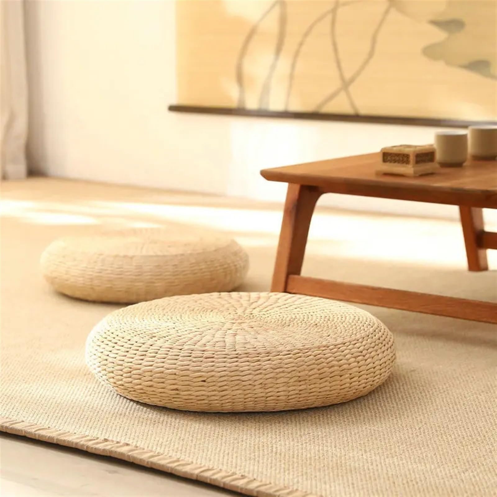 Rundes Yoga-Kissen aus natürlichem Stroh, handgefertigtes Bodenkissen, 30 x 30 x 6 cm, Sitzmatte für Meditation und Entspannung, umweltfreundlich, bequemes Kissen für Zuhause und Studio