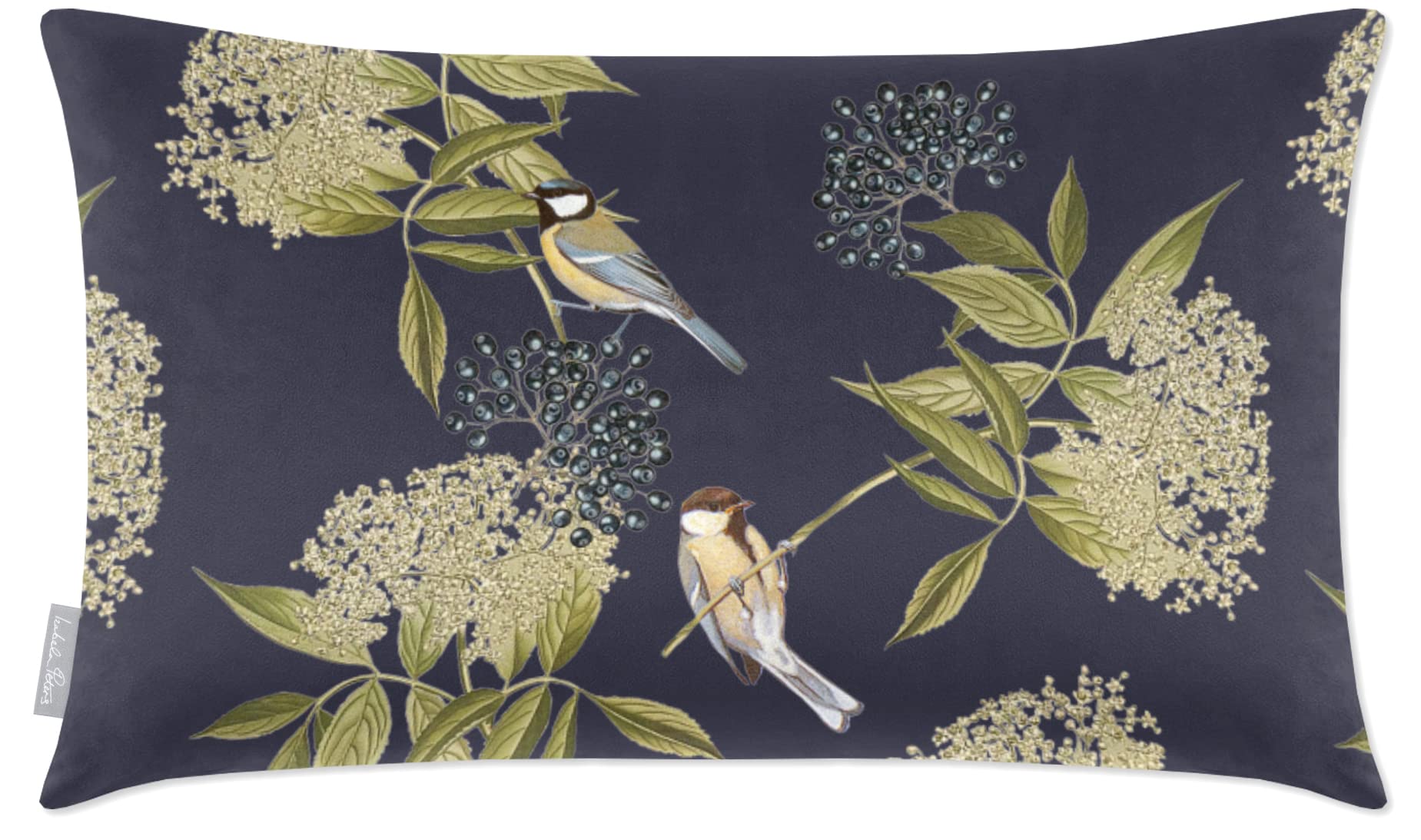 Izabela Peters Bird On Elderflower - Graphite Cushions With Covers Included, Filled, Eco-Friendly Velvet, 50 X 30 Cm, Chair & Sofa Seat Cushions