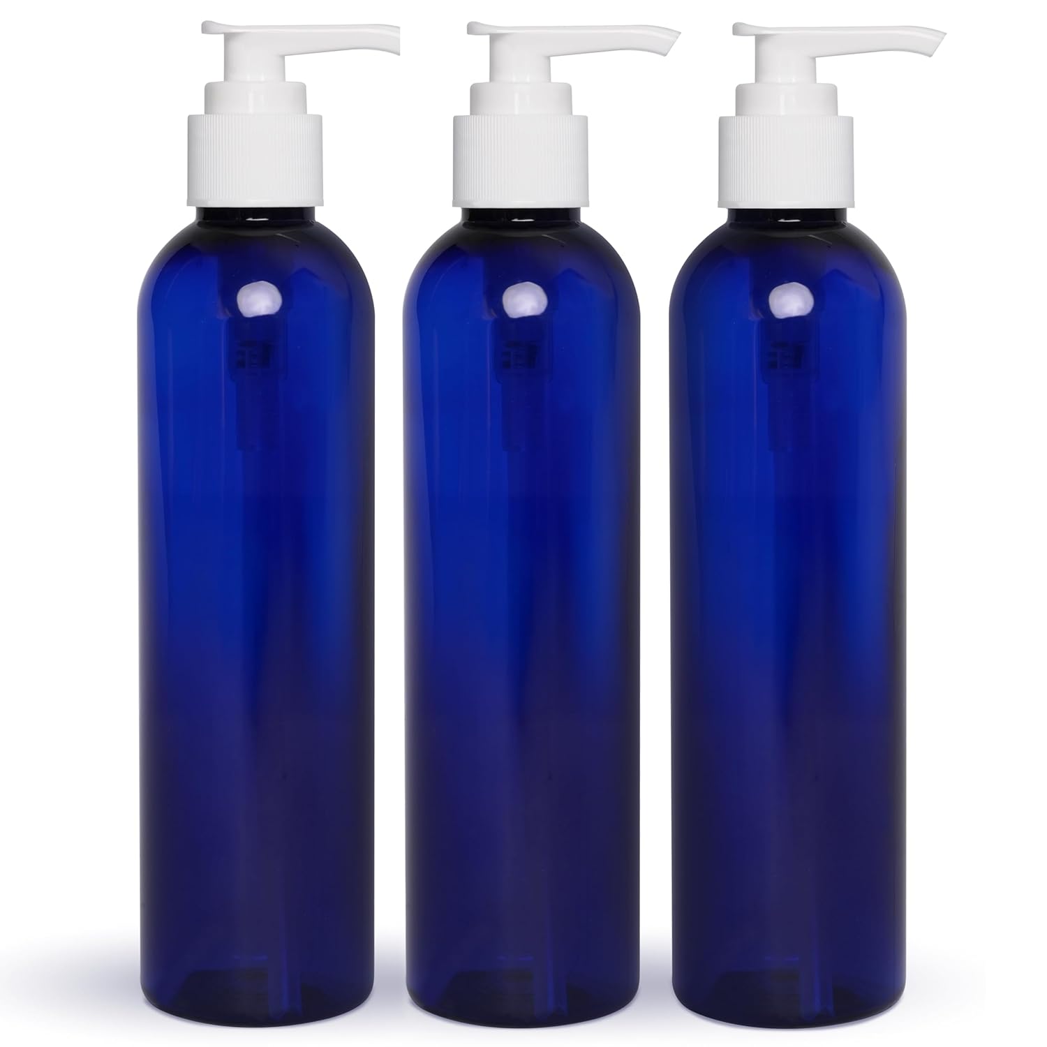 BRIGHTFROM 8oz Cobalt Blue Empty Lotion Pump Bottles, BPA-Free Refillable PET Plastic, Leak-Proof Dispensers for Shampoo, Soap, Lotion - Pack of 3