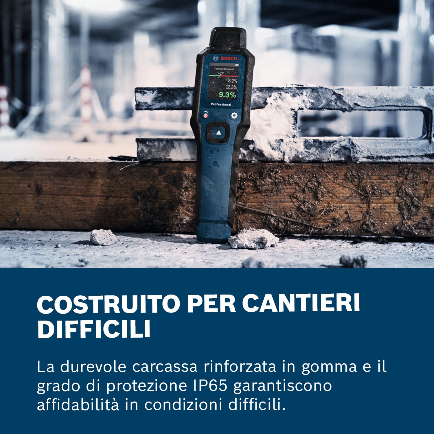 Bosch Professional Igrometro GMP 1-13 (con pin di misurazione, misura 37 tipi di legno e 10 materiali da costruzione, protezione IP65, LCD ad alto contrasto, 2 batterie AA, custodia)