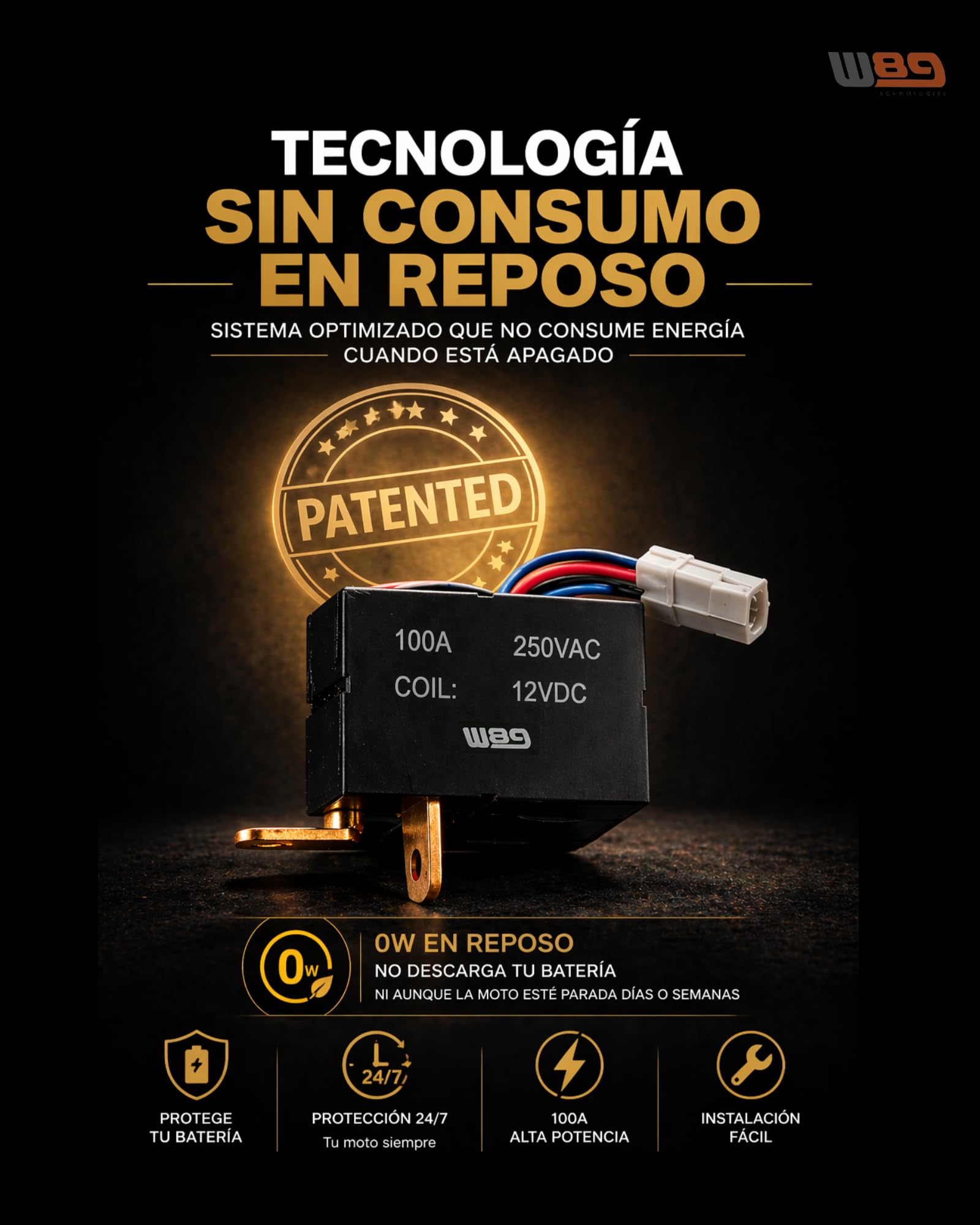 W89 Interruttore Stacca Batteria Moto 12V 100A | Senza Consumo (0W) | Relè Plug & Play | Installazione Flessibile | Interruttore Batteria Moto (Senza Supporto Manubrio)